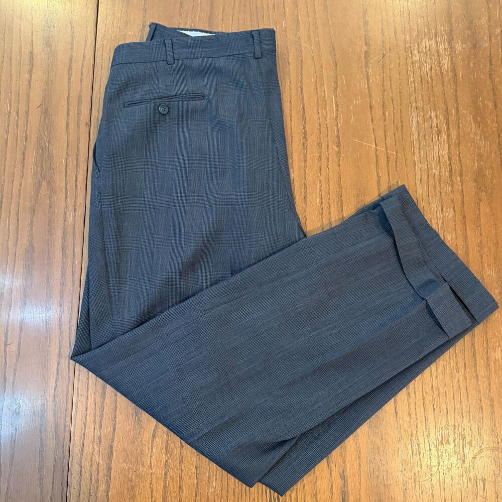 Vintage American Trend Wool Dress Pants Gray Glen Plaid Pleated USA Cuffed 36/32